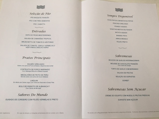 Exemplo de menu do restaurante